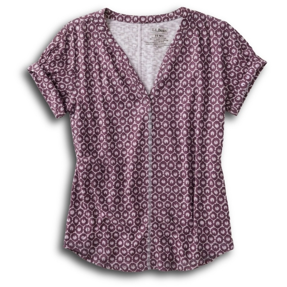 LL Bean Womens XS Plum Purple Geometric Print V-Neck Cuffed Short Sleeve Top